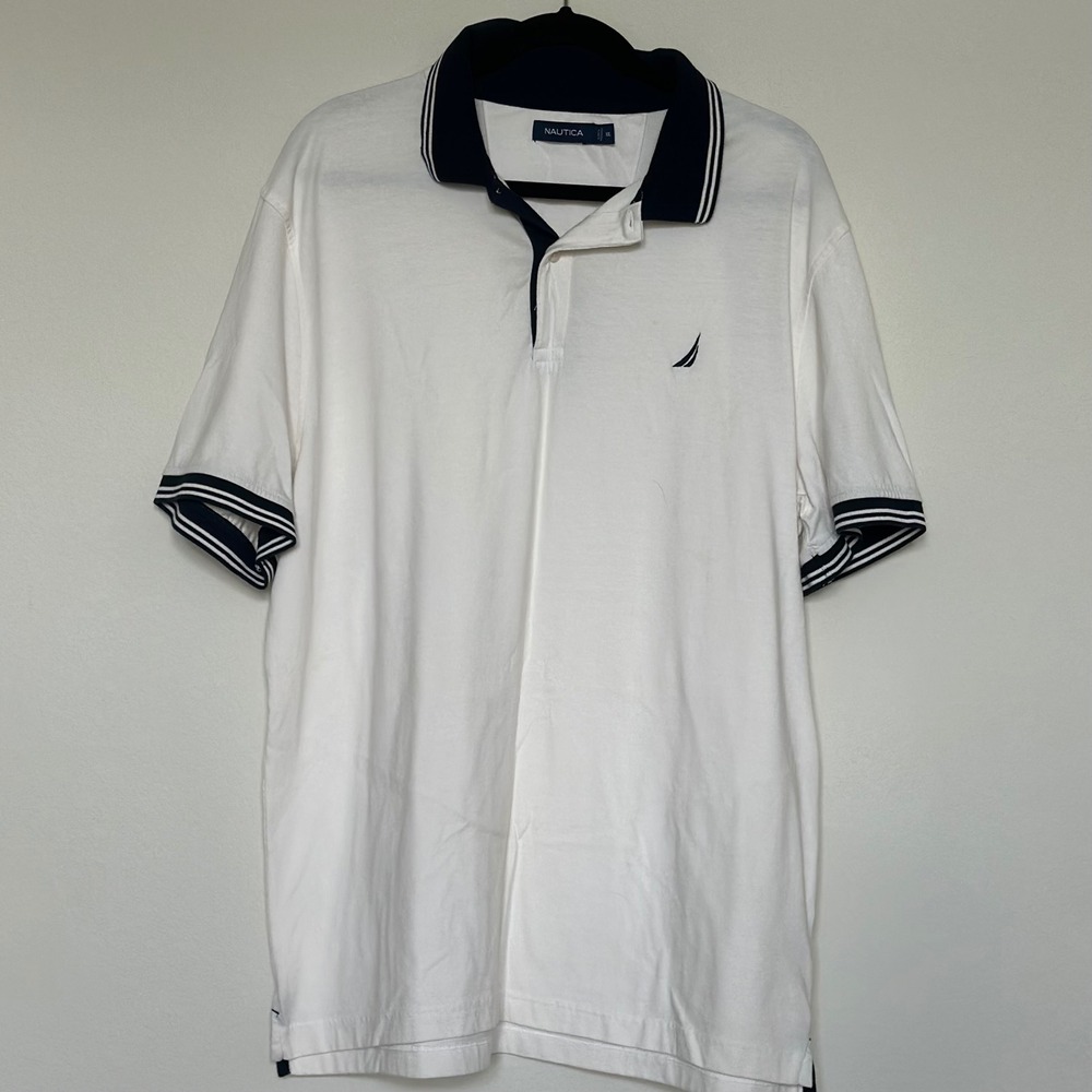 Nautica Mens XXL White Navy Blue Tipped Short Sleeve Polo Shirt Cotton Blend